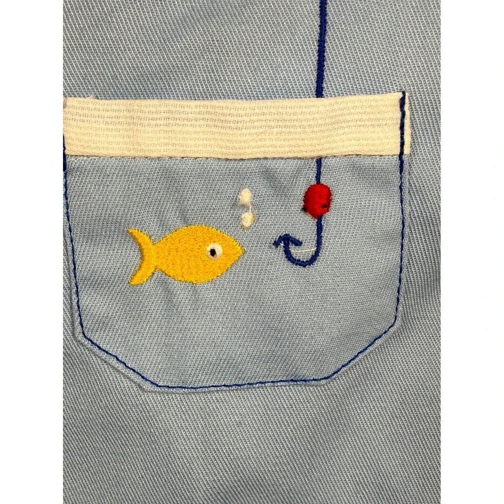 Vintage Baby Boy Blue Gingham Shirt and Fishing Bear Embroidered Romper Set 12M